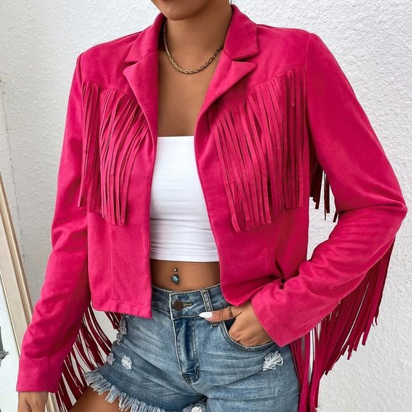 Pink Casual Womens Fringe Trim Open Front Jacket - Picture 3 of 5